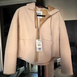 NWT Zara Women's Cream Teddy Jacket with Hood